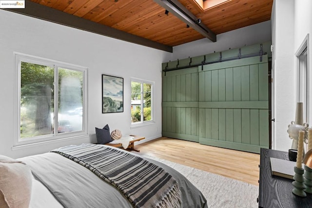 bedroom featuring hardwood / wood-style flooring, beam ceiling, a skylight, and wooden ceiling