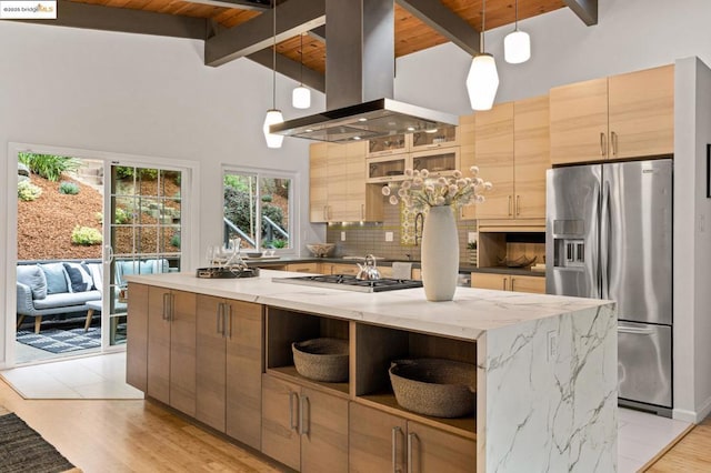 kitchen featuring island range hood, stainless steel appliances, wooden ceiling, and a kitchen island