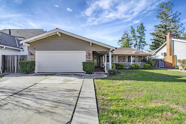 ranch-style house featuring a garage, covered porch, and a front lawn