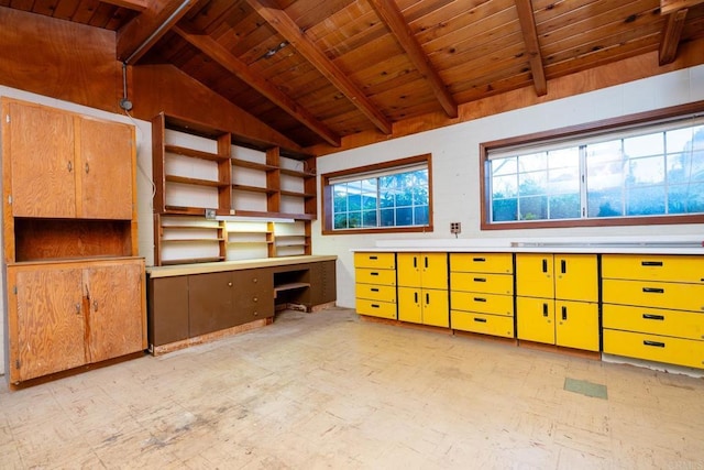 unfurnished office featuring vaulted ceiling with beams and wood ceiling