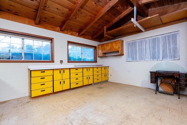 interior space with wood ceiling and lofted ceiling with beams