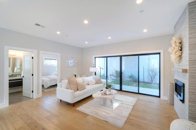 living room featuring a fireplace and light wood-type flooring