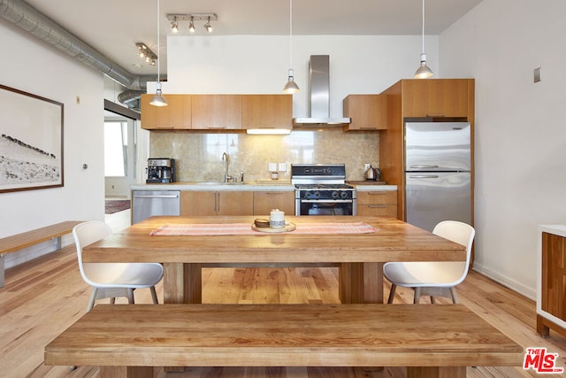 kitchen with wall chimney range hood, decorative light fixtures, sink, and appliances with stainless steel finishes