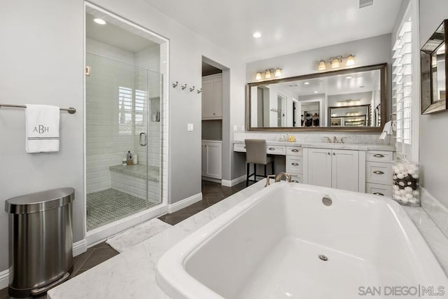 bathroom with vanity and plus walk in shower