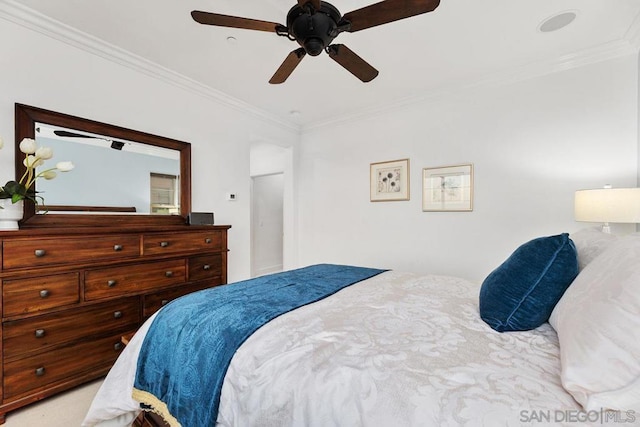 bedroom with crown molding and ceiling fan