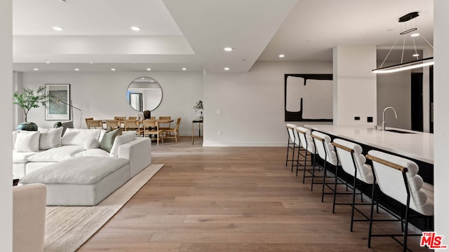 living room with light hardwood / wood-style floors and sink