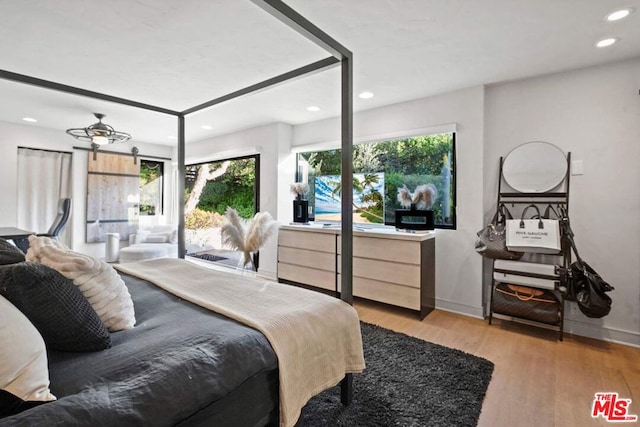 bedroom with multiple windows and light hardwood / wood-style floors