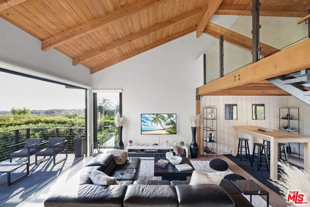 living room with wood ceiling, beam ceiling, high vaulted ceiling, and wood walls