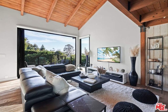 living room featuring hardwood / wood-style floors, wood ceiling, a wealth of natural light, and beamed ceiling