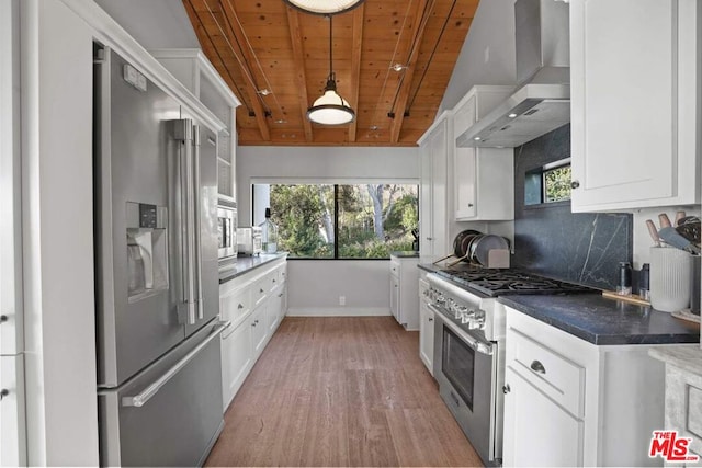 kitchen with white cabinets, premium appliances, wall chimney range hood, and wooden ceiling