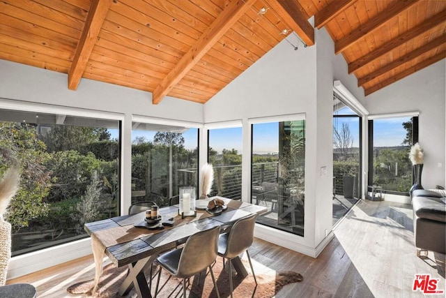 sunroom with vaulted ceiling with beams and wooden ceiling