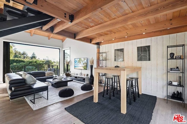 interior space with dark hardwood / wood-style flooring, wooden ceiling, and wooden walls