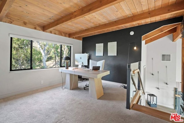 office featuring lofted ceiling with beams, light carpet, and wooden ceiling