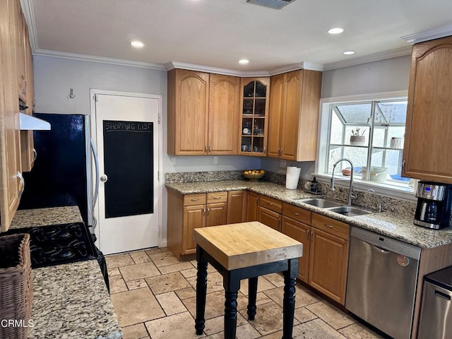 kitchen with light stone counters, sink, ornamental molding, and stainless steel appliances