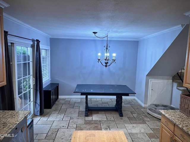 dining area with crown molding and an inviting chandelier