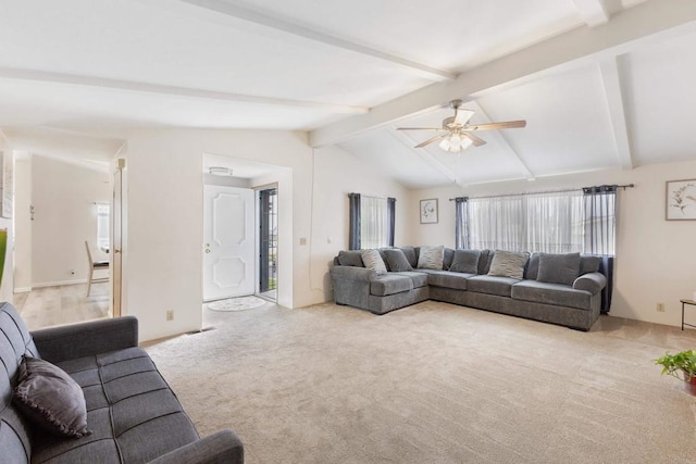 living room with ceiling fan, light colored carpet, and lofted ceiling with beams