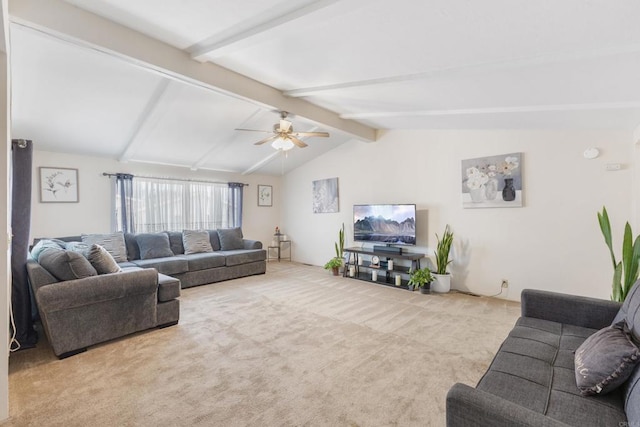 carpeted living room with ceiling fan and vaulted ceiling with beams