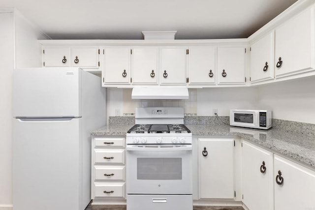 kitchen featuring white cabinetry, light stone countertops, white appliances, and range hood