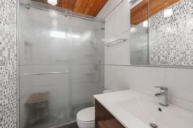 bathroom featuring wood ceiling, tile walls, tasteful backsplash, toilet, and walk in shower