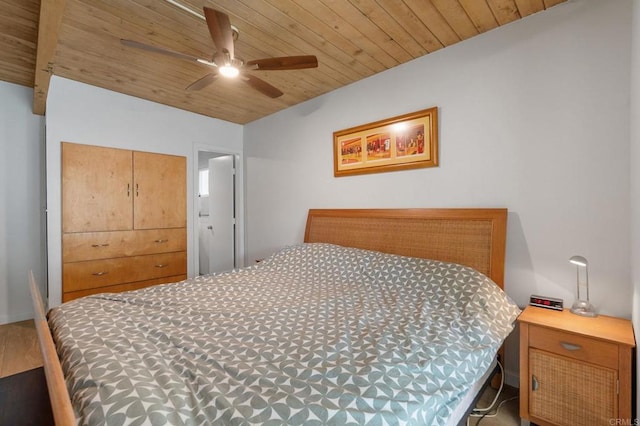 bedroom with wooden ceiling and ceiling fan