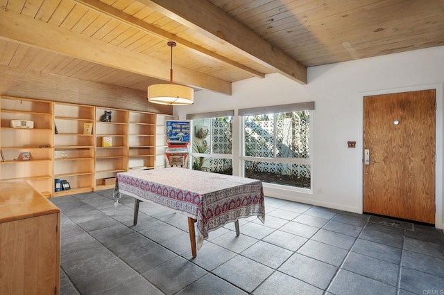 dining room with wood ceiling and beam ceiling