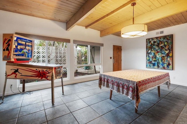 dining room featuring wooden ceiling and beam ceiling