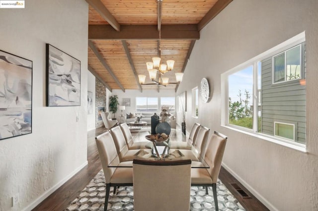 dining space with dark hardwood / wood-style floors, vaulted ceiling with beams, a notable chandelier, and wood ceiling