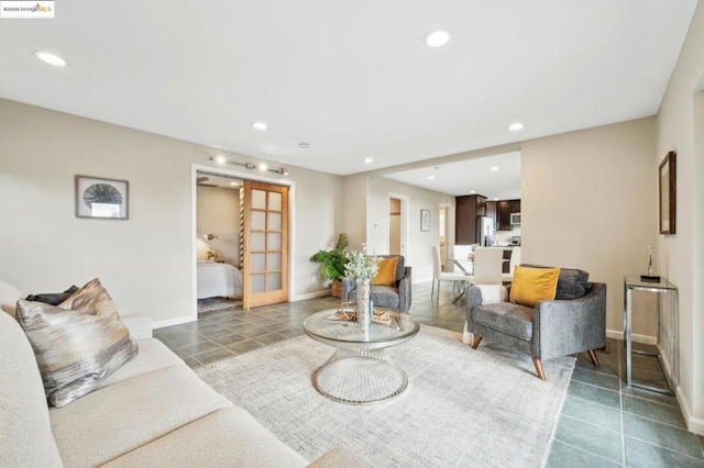 tiled living room with french doors