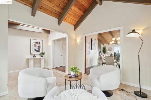 sitting room with vaulted ceiling with beams, a chandelier, and wood ceiling