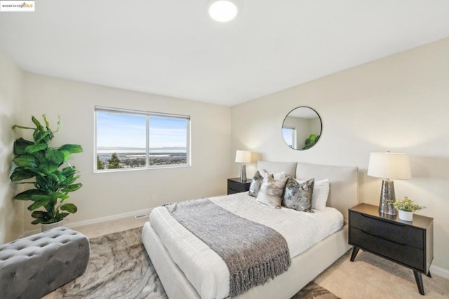 bedroom with light carpet