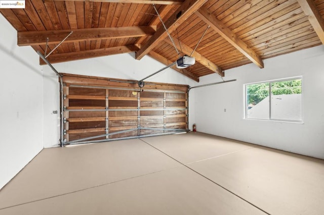 garage featuring a garage door opener and wooden ceiling