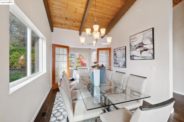 dining room featuring wood ceiling, dark hardwood / wood-style flooring, a chandelier, and vaulted ceiling with beams