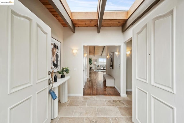 interior space featuring wood ceiling, beam ceiling, and a skylight