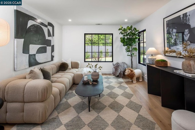 living room with light hardwood / wood-style flooring