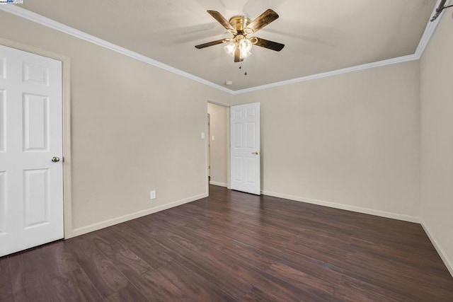 empty room with ceiling fan, ornamental molding, and dark hardwood / wood-style floors