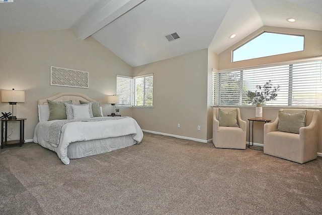 bedroom with carpet and vaulted ceiling with beams