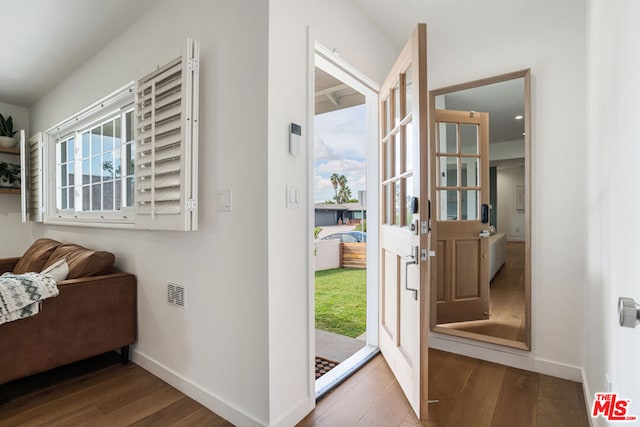 entryway with plenty of natural light and dark hardwood / wood-style floors