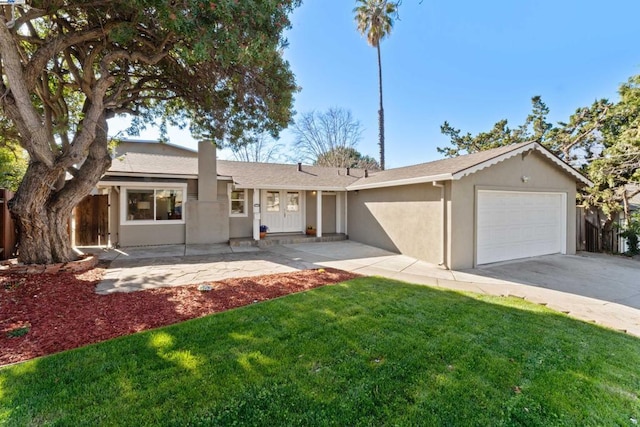 ranch-style home with a garage and a front lawn