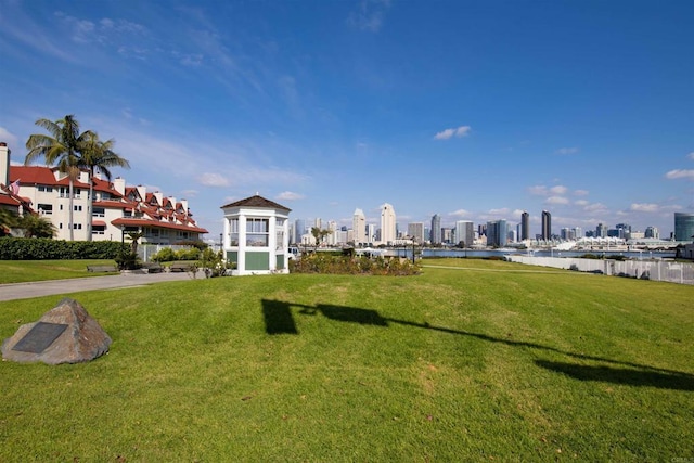 view of home's community with a water view and a yard