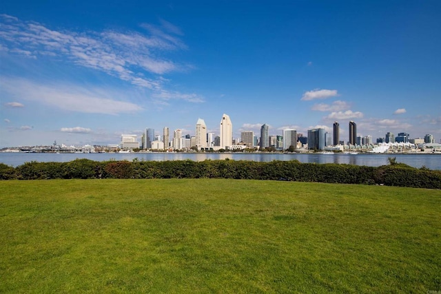 view of property's community featuring a yard and a water view