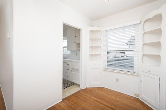 interior space with white cabinetry, backsplash, and wood-type flooring