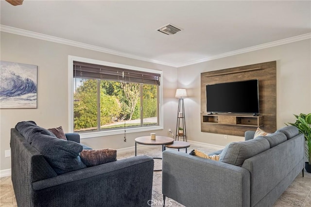 living room with ornamental molding