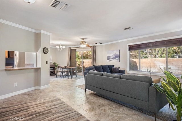 living room featuring crown molding and ceiling fan with notable chandelier