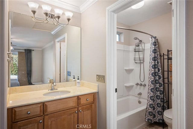 full bathroom with shower / tub combo, vanity, ornamental molding, and toilet