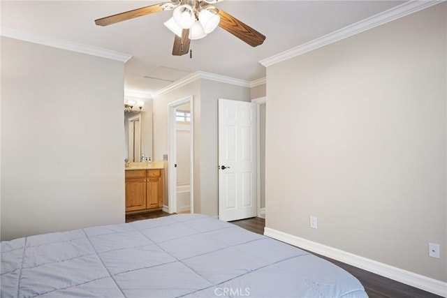 bedroom with hardwood / wood-style floors, crown molding, ensuite bath, and ceiling fan