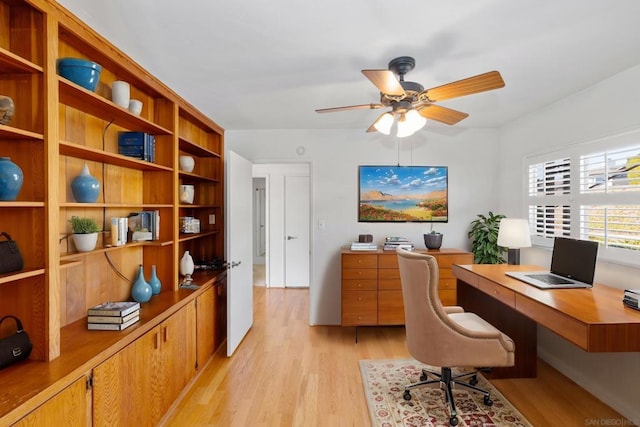 home office with light hardwood / wood-style flooring and ceiling fan