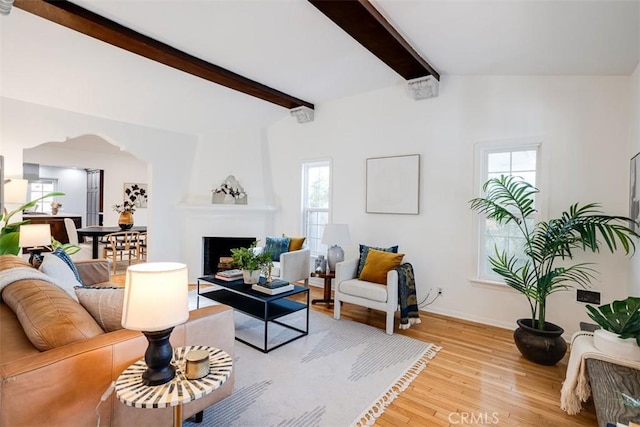 living room featuring a fireplace, a wealth of natural light, lofted ceiling with beams, and light wood-type flooring