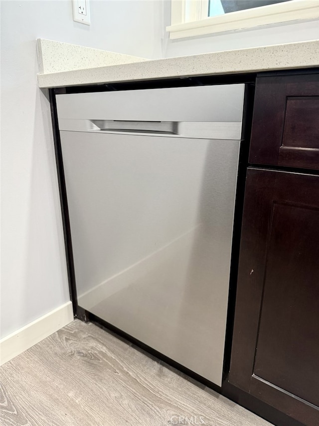 details featuring dark brown cabinets and stainless steel dishwasher