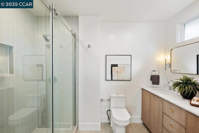 bathroom featuring tile patterned flooring, vanity, a shower with door, and toilet