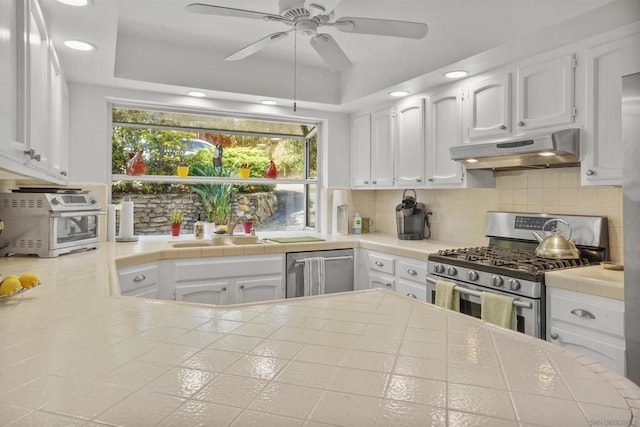 kitchen featuring sink, white cabinetry, appliances with stainless steel finishes, a tray ceiling, and backsplash